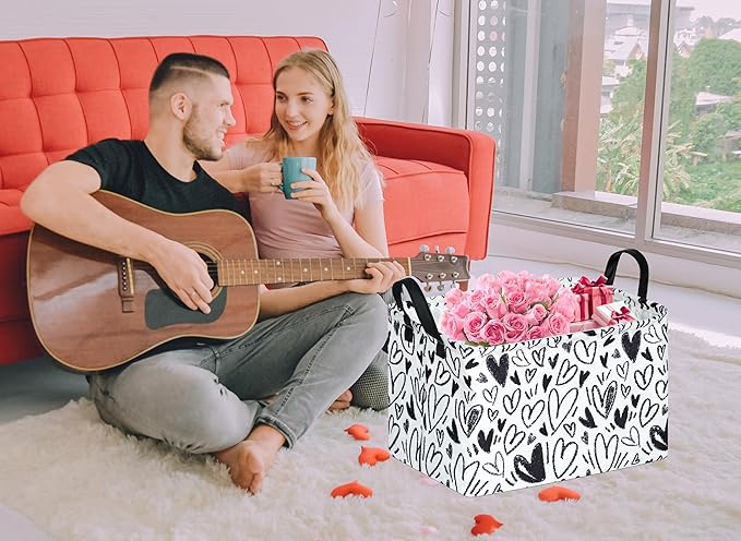 Valentine's Day Gift Basket Rec Black Heart Print Box Hamper Storage Basket Collapsible Organizer Bin Gift Shelf Baskets for Home and Kitchen