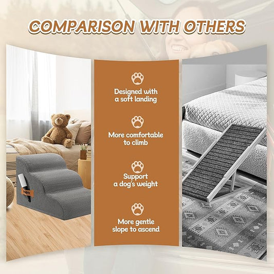 Romrol Dog Stairs Ramp for High Bed, 33D Pet Stairs Steps with Durable Non-Slip Waterproof Fabric Cover, Dog Slope Stairs to Bed for Small Dogs and Cats or Pets Joints, 3-Steps