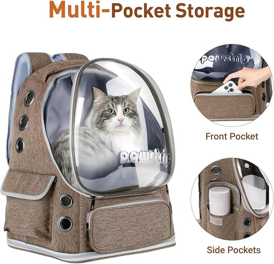 Pawstrip Cat Backpack Carrier with Large Space Bubble Window, Airline Approved Breathable Pet Carrier for Small Dogs Cats up to 15lbs, Foldable for Travel Hiking & Outdoor Use
