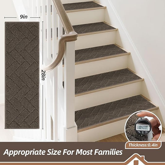 BEQHAUSE Edging Stair Treads for Wooden Steps 9" x 28", Non Slip Carpet Stair Treads Indoor Stair Runners, Soft Stair Rugs, Machine Washable, 100% Polyester, TPE Backing, 15pcs, Brown