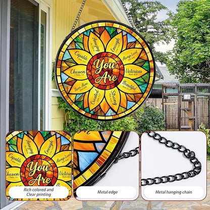 Christian Sunflower Stained Glass Window Hanging, Bible Verse Sun Catcher Gift for Housewarming, Inspirational Religious Suncatchers Gifts for Women Mom Home Decor 8 Inch