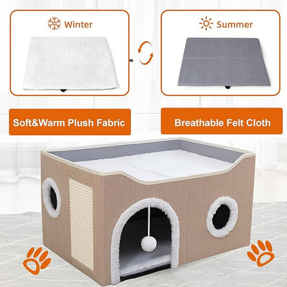Loyareal Cat Houses for Indoor Cats - Large Cat Bed Cave with Scratch Pad and Fluffy Ball, Foldable Cat Condo Hideaway with Reversible Cushion for Multi Small Pet, Khaki