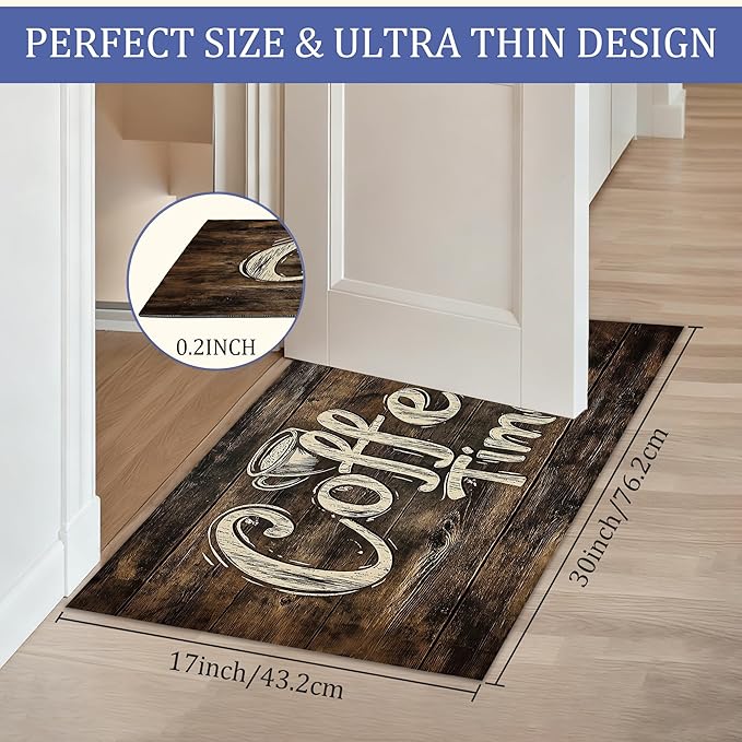 Door Mat, Retro Coffee Time Rugs for Front Door,Non-Slip Rustic Wood Board Low Profile Indoor Outdoor Welcome Mat for Entry Patio, Porch, Hallways,Kitchen 30 x 17 Inch