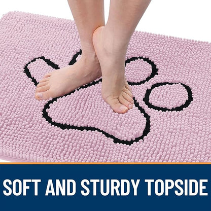 OLANLY Dog Door Mat for Muddy Paws 48x30, Paw Print Design, Absorbs Moisture and Dirt, Non-Slip Washable Doormat, Quick Dry Chenille Mud Mat for Dogs, Entry Indoor Entryway Carpet, Dusty Rose