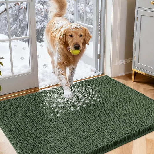 IM HOME Dog Door Mats for Muddy Paws, 30" X 20" Christmas Chenille Absorbent Doormat, Non Slip Heavy Dog Rugs for Muddy Paws, Soft Indoor Door Mat for Entryway, Mud Paw, Inside Floor, Olive