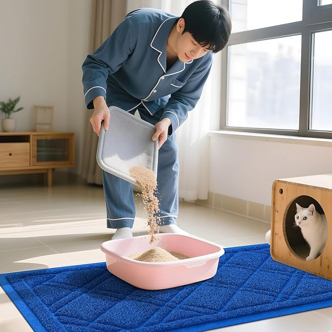 Smiry Cat Litter Box Mat 47x32, Non-Slip Water Resistant Litter Trapping Mat, Easy Clean Less Waste and Urine-Locking Cat Carpet for Indoor, Blue
