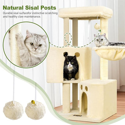 Small Cat Tree Tower for Indoor Cats, 40 in Medium Compact Adults Cat Beds Trees with 2 Condos, Sisal Scratching Post, Large Perch Platform, Multi-Level Kitty Kitten Climbing Stands House(Beige)