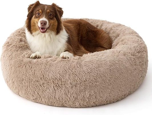 Bedsure Calming Dog Beds Large Sized Dog - 36in Donut Washable Large Pet Bed,Anti-Slip ＆Removable Cover,420GSM Round Anti-Anxiety Fluffy Plush Faux Fur Bed, Fits up to 80 lbs Pets,Plus Version