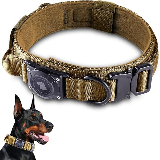 2026 Upgrade Waterproof AirTag Dog Collar, Military Tactical Dog Collar with AirTag Holder, Comfortable Control Handle and Metal Buckle, GPS Dog Collar Holder for Medium to Large Dogs (Khaki,X L)