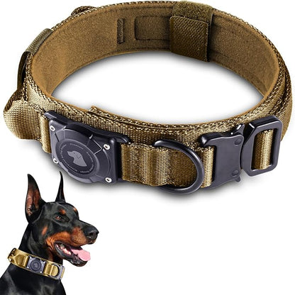 2026 Upgrade Waterproof AirTag Dog Collar, Military Tactical Dog Collar with AirTag Holder, Comfortable Control Handle and Metal Buckle, GPS Dog Collar Holder for Medium to Large Dogs (Khaki,L)