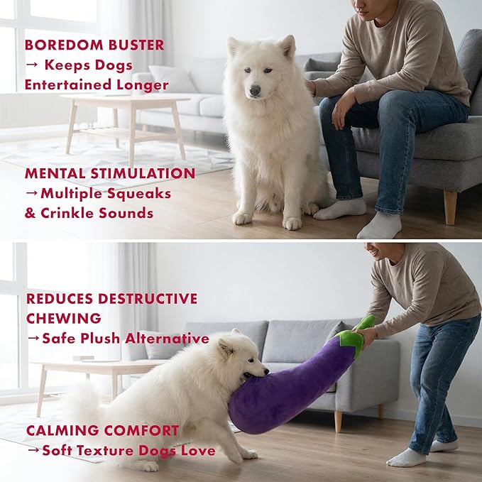 Pet Lou 29 Inch Eggplant Plush Dog Toy for Soft Chewers, Extra-Long Squeaky & Crinkle Dog Toy, Super Soft Stuffed Anti-Boredom Pet Plush Toy