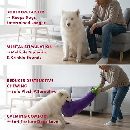 Pet Lou 29 Inch Eggplant Plush Dog Toy for Soft Chewers, Extra-Long Squeaky & Crinkle Dog Toy, Super Soft Stuffed Anti-Boredom Pet Plush Toy