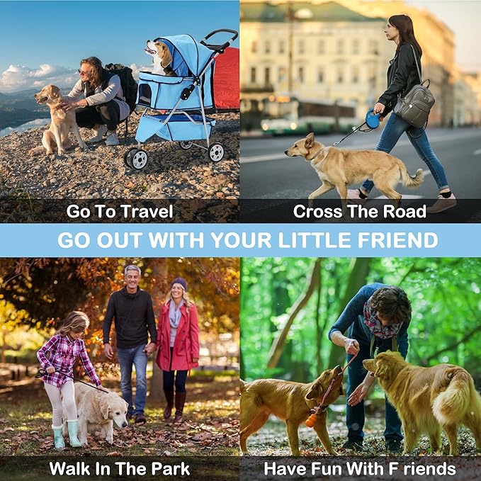 3 Wheels Dog Stroller, Foldable Pet Stroller for Small Medium Dogs, Portable Breathable Cat Stroller Dog Strollers with Storage Basket, Cup Holders, Removable Liner for Travel & Outdoor Use, Blue