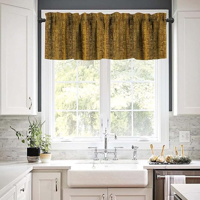 Vintage Egyptian Print Curtains Valance, Golden Egypt Hieroglyphics Old Logographic Details Alphabetic Element Window Valance Curtain for Farmhouse Bedroom Living Room Kitchen 54x18inch