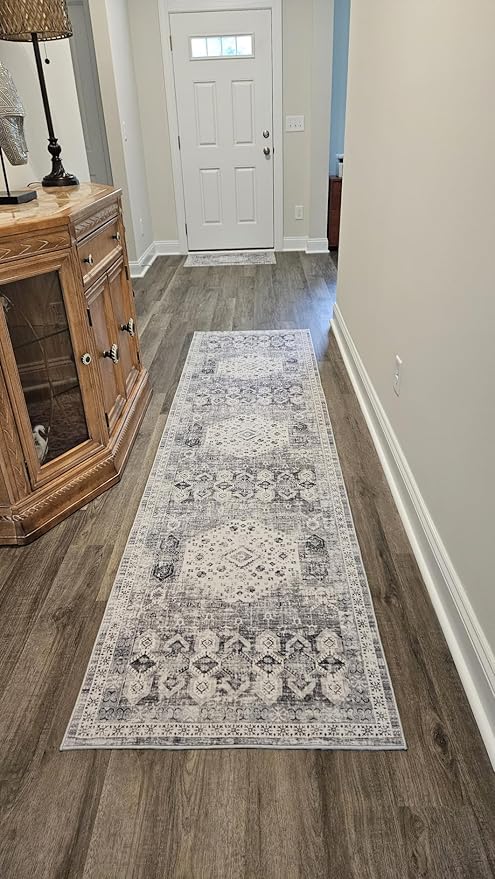 Hallway Washable Runner Rug 2'6x10 - Kitchen Runner Rugs Indoor Non Slip Rugs for Living Room Bedroom Vintage Distressed Mat Stain Resistant Floor Decoration Carpet for Bathroom (2'6''x10', Grey)