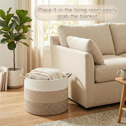 100L Large Cotton Rope Basket, Decorative Woven Blanket Storage for Living Room, Boho Toy Storage & Toy Box for Kids, Versatile Laundry Basket & Nursery Hamper for Blankets(BrownYellow)