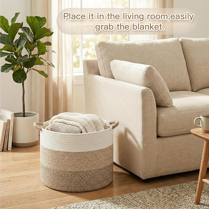 70L Large Cotton Rope Basket, Decorative Woven Blanket Storage for Living Room, Boho Toy Storage & Toy Box for Kids, Versatile Laundry Basket & Nursery Hamper for Blankets(BrownYellow)