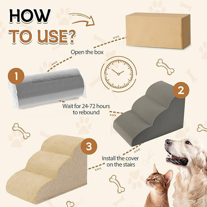 Romrol Dog Stairs Ramp for High Beds Couches, High Density Foam Pet Steps with Durable Non-Slip Waterproof Fabric Cover, Dog Stairs for Small Dogs or Cats or Pets, 3-Step,15 Inch,Beige