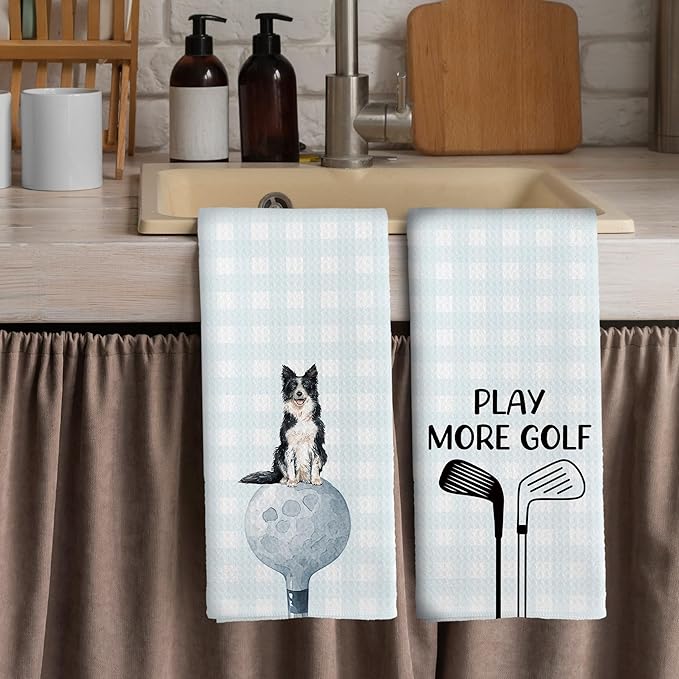 Golf Dog Kitchen Towels - Border Collie Dish Towels, Sports Gifts, Pet Golf Club Decorative Absorbent Dishcloths Hand Towels Set of 2 for Spa Kitchen Gym Decor 16x24 Inches