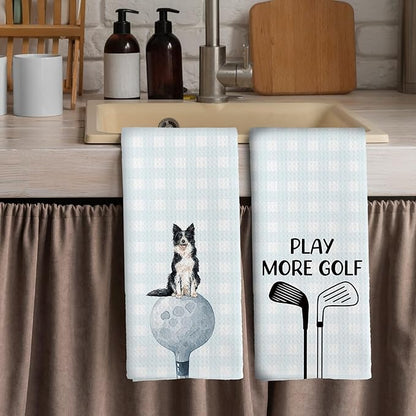 Golf Dog Kitchen Towels - Border Collie Dish Towels, Sports Gifts, Pet Golf Club Decorative Absorbent Dishcloths Hand Towels Set of 2 for Spa Kitchen Gym Decor 16x24 Inches