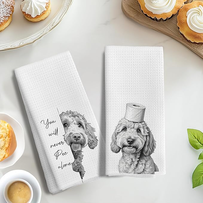 Funny Goldendoodle Dog Hand Towels Set of 2, You Will Never Pee Alone Funny Bathroom Hand Towels, Goldendoodle Gifts, Dog Bathroom Decor, 16x24 Inches