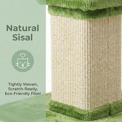 32" Tall Cat Scratching Post, Cat Scratcher with Heavy Duty Thick Wood Base, Cat Tower with Natural Sisal Rope and Hanging Ball, Plant-Like Design Scratching Post, for Small and Adult Kittens, Green