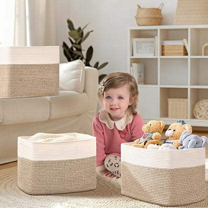 3 Pack Cube Storage Bin, 17”x12”x12” Cotton Rope Woven Baskets for Organizing Toys Clothes Towels, Square Gift Storage Baskets for Shelves, Nursery, Closet, Bathroom, Pantry (White & Jute)
