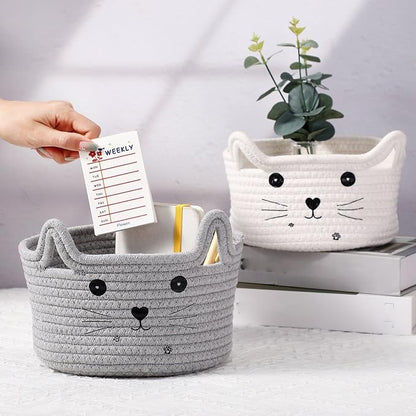 Zopeal Cat Basket Storage Woven Organizer with Ears Easter Decorative Pet Toy Cute Cotton Rope Basket for Gift Cat Dog Toy Bin Nursery Room(8.3 x 4.7 Inch,Light Gray)