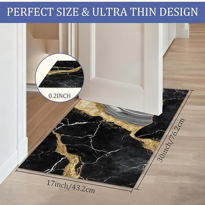 Indoor Rugs for Entryway,Black Gold Marble Welcome Mat for Home,Modern Simple Low Profile Entrance Rugs Non-Slip Doormats for Back Door Patio, Porch,Home Stairway,30 x 17 Inch