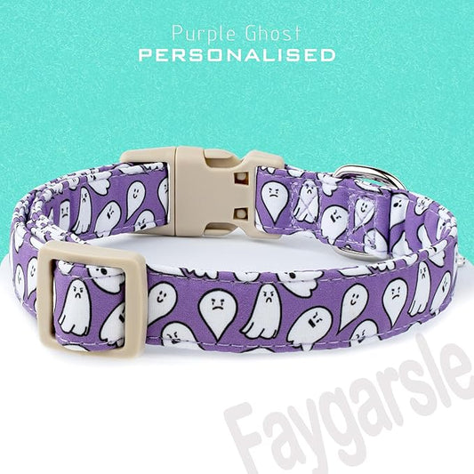 Faygarsle Halloween Dog Collar with Charm, Purple with Ghost Pattern, for Small Medium Large Dogs L