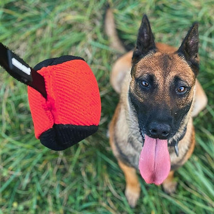 Dingo Gear French Linen Ball for Dog Training, as Reward for Fetch tug of war, with Long Handle, Handmade, red-Black S02813