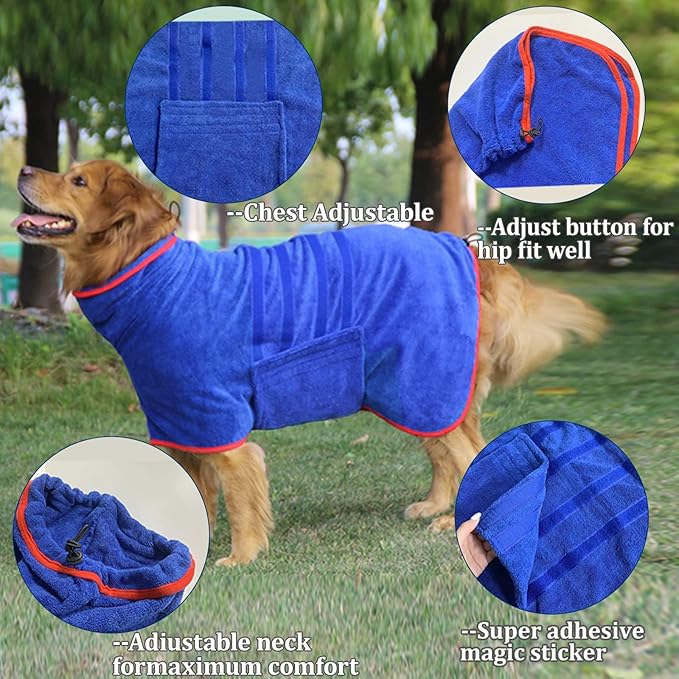 Dog Drying Coat, Microfiber Dog Drying Bag - Absorbent Pet Bathrobe for Dogs & Cats, Adjustable Collar & Belly Strap, Fast Drying Coat, Large, Grey