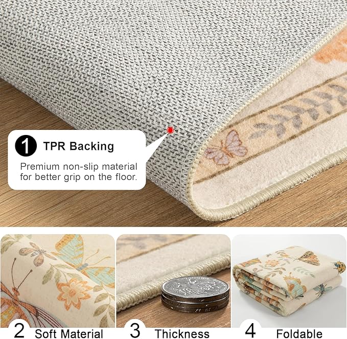Unirea 2x6 Cream Runner Rug, Washable Non Slip Insect Botanical Rug for Hallway, Kitchen, Bathroom, Laundry Room, Entryway, Bedroom, Soft Boho Door Mat Indoor Entrance Bug Rugs, Low Pile Carpet