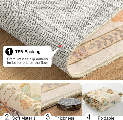 Unirea 2x6 Cream Runner Rug, Washable Non Slip Insect Botanical Rug for Hallway, Kitchen, Bathroom, Laundry Room, Entryway, Bedroom, Soft Boho Door Mat Indoor Entrance Bug Rugs, Low Pile Carpet