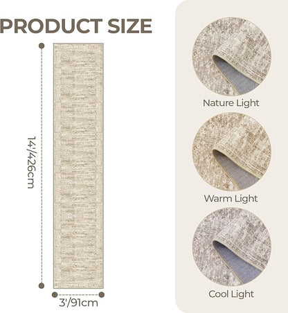 3x14 Washable Runner Rug for Hallway, Non-Slip Long Hallway Runner for Entryway, Soft Vintage Kitchen Mats for Floor, Abstract Dining Room, Bedroom, Living Room Rugs(3'x14', Brown/Ivory)