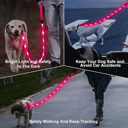 Led Dog Leash, 4 Ft Light Up Dog Leash Rechargeable Waterproof, Nylon Reflective Leashes with Padded Handle for Night Walking, Safety Glow in The Dark Dog Leash for Large Medium Small Pets
