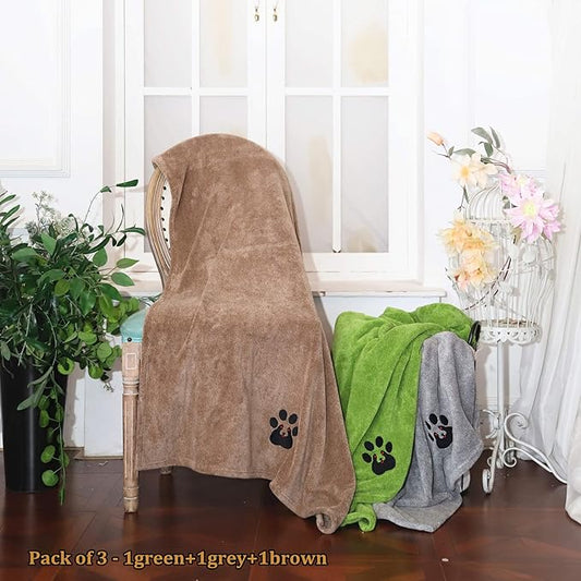 Extra Large Dog Towel - Pack of 3 - Super Absorbent Soft Microfiber Pet Bath Grooming Towels for Drying Dogs and Other Pets (XL-55" * 36", Green and Brown and Gray)
