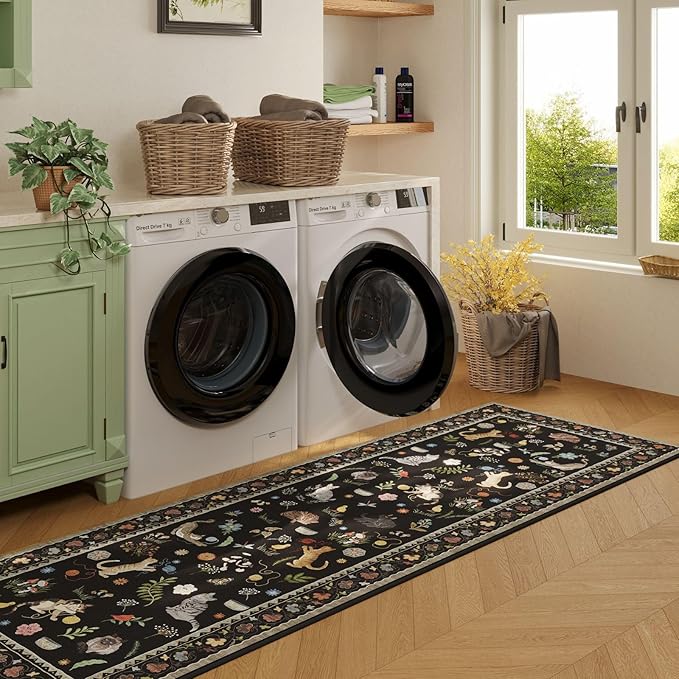 Rugcomf 2'7"x14' Long Hallway Runner Rug - Floral Cat Washable Non Slip Boho Carpet for Kitchen, Entryway, Hall, Bathroom - Black