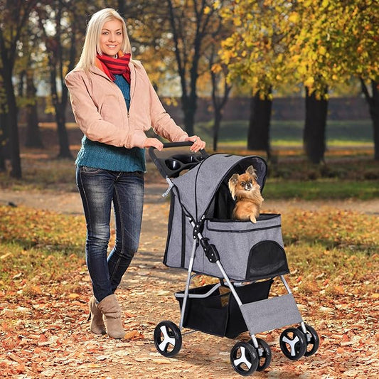 4 Wheels Foldable Pet Dog Cat Jogger Stroller Travel Carrier Strolling Cart w/Waterproof Cover Storage Basket Cup Holder & Removable Liner for Medium Small Cat Dog, Grey