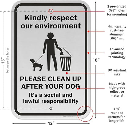 Brimar - 12" x 18" - Please Clean Up After Your Dog Sign - .063″ Engineering Grade Reflective Aluminum - Easy Installation - Bold Text And Symbol