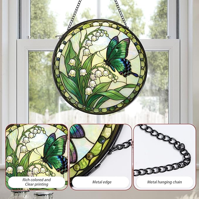 Stained Glass Window Hanging, 7.8″ Lily of The Valley Butterfly Sun Catchers Indoor Window Decor, Decorative Suncatchers Hanging Ornaments Home Garden Art Gift for Housewarming