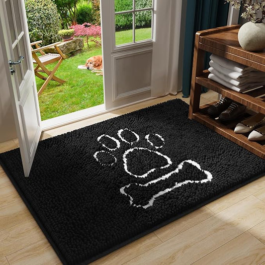 AROGAN Doormat Dog Chenille Doormats Indoor Entrance Black, Pet Indoor Door Mats Washable for Mud Entry Busy Area Dogs Muddy Pawprints 30x48 Inch