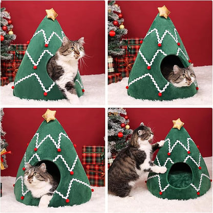 NIBESSER Cat Bed Christmas Tree Cat Tent House Self-Warming 2 in 1 Removable Comfortable Triangle Pet Teepee Xmas Dog Cave in Winter(Green/White)