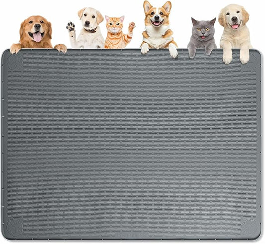 Dog Food Mat, Extra Large 50" x 35" Silicone Pet Feeding Mat with Raised Edge Pet Placemat for Small, Medium, and Large Pets Non-Slip, Easy to Clean (Dark Grey)
