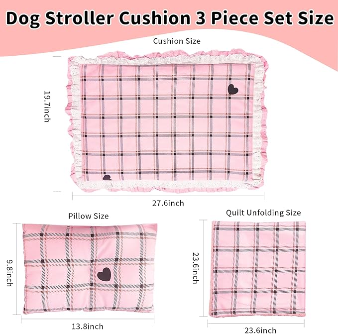Pet Stroller Pad, Anti-Slip Bottom, Removable & Washable Dog Pillow & Quilt Set (Pink)