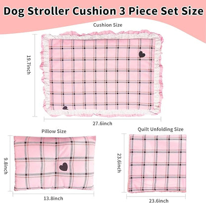 Pet Stroller Pad, Anti-Slip Bottom, Removable & Washable Dog Pillow & Quilt Set (Pink)