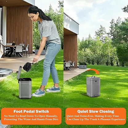 Dog Poop Trash Can Outside, 5L/1.3Gal Metal Dog Waste Trash Can with Lid, Foot Pedal, Pet Waste Container with 40 Bags, Poop Bucket with Lid Soft Close for Pet, Grey