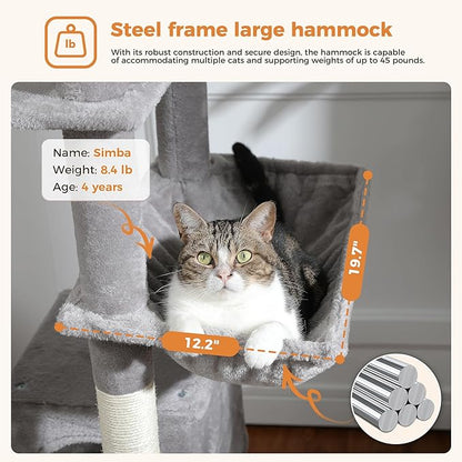 PAWZ Road Large Cat Tower, 70 Inches Tall Cat Tree with 2 Cozy Condos, 2 Plush Perch, Large Basket, 2 Scraching Pad & 6 Scraching Posts for Indoor Cats Adult, Gray