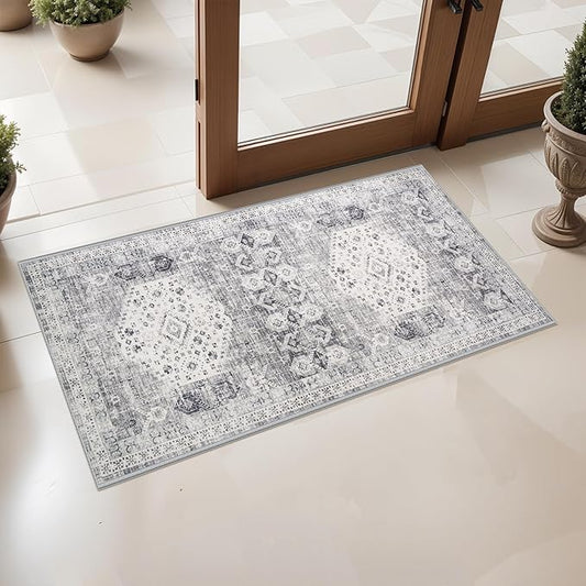 RUUGME 2x4 Entryway Runner Rug: Easy Clean Washable Carpet for Kitchen Hallway Bedroom Soft Non Slip Rugs for Laundry Bathroom Vintgae Distressed Home Decor Floor Mat (Grey, 2x4)