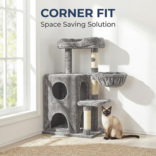 Fansafurn Cat Tree Tower for Indoor Cats, 36-inch Adult Cat Tree House for Large Adult Cats with Steps, Scratching Post, 2 Cat Condo, Dangling Toys, Light Grey